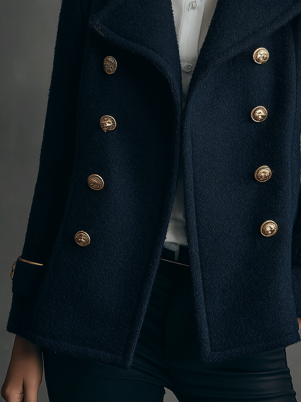 Classic Navy Wool-Blend Double-Breasted Peacoat Gold Buttons Coat