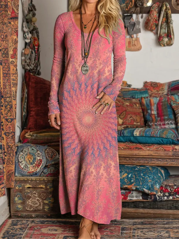 Women Vintage Pink Kaleidoscope Art Print Elegant V-neck Long Sleeve Knit Pocket Dress