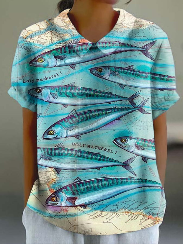 Women's Map Ocean Fish Print Casual Cotton And Linen Short Sleeves Shirt