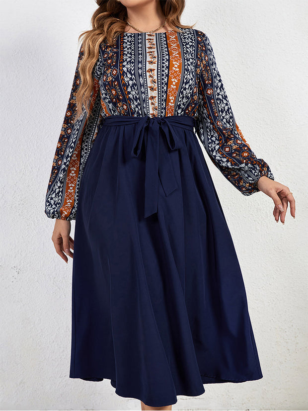 Plus Blue Floral Printed Lantern Sleeve Dress