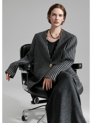 Nordic Striped Wool Blazer for Women – Elegant V-Neck Suit Jacket with Metal Buckle and Structured Shoulders, Fall Office Wear
