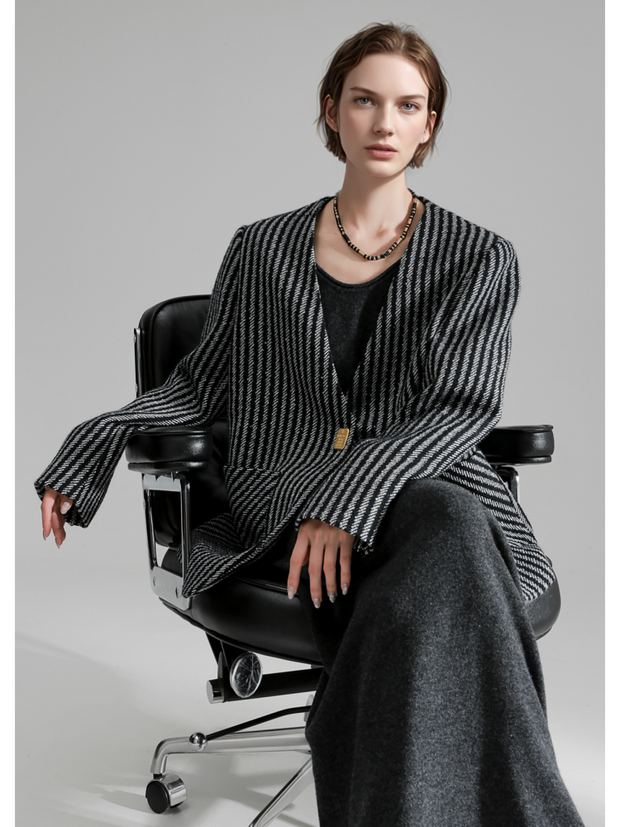 Nordic Striped Wool Blazer for Women – Elegant V-Neck Suit Jacket with Metal Buckle and Structured Shoulders, Fall Office Wear