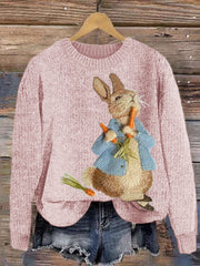 Cute Bunny Embroidery Art Cozy Knit Sweater