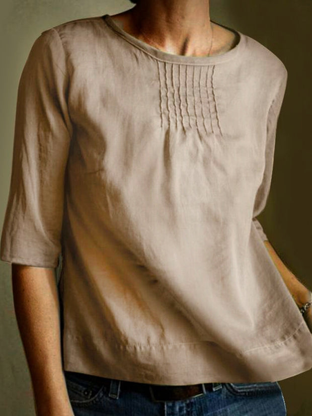 Solid Color Loose Round Neck Mid-sleeve Top