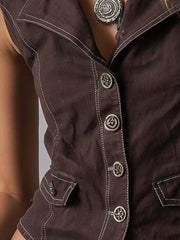 Chocolate Contrast-Stitch Button Vest Top
