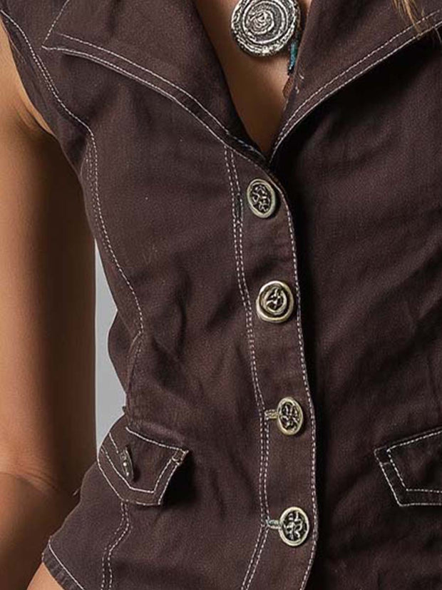 Chocolate Contrast-Stitch Button Vest Top