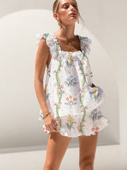 Fresh Style Flowers And Plants Print Ruffled Trim Short Tank Top Shorts Pajama Set