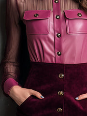Rose Pink Eco Leather & Sheer Mesh Blouse With Pockets
