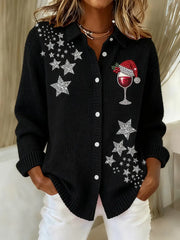 Women's Christmas Snowflake Wine Glass Art Pattern Print Knit Cardigan