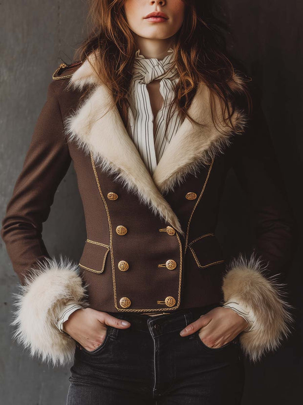 Wool-Lined Double-Breasted Jacket With Faux Fur Collar