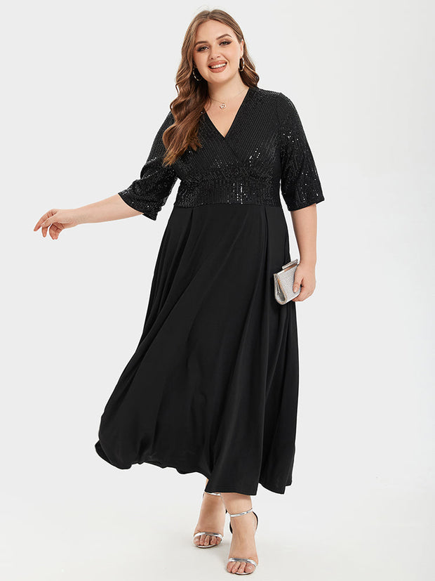 V-Neck Pocket Sequin Party Maxi Dress