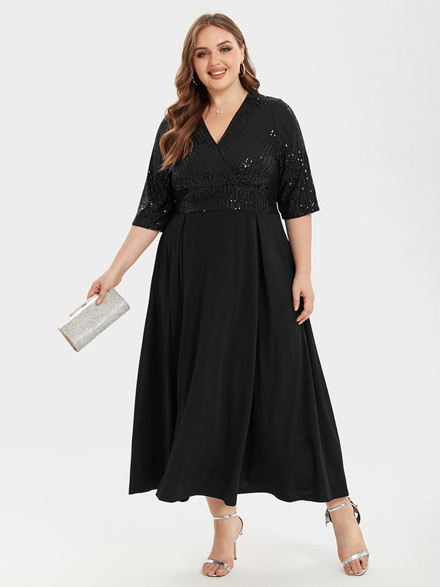 V-Neck Pocket Sequin Party Maxi Dress