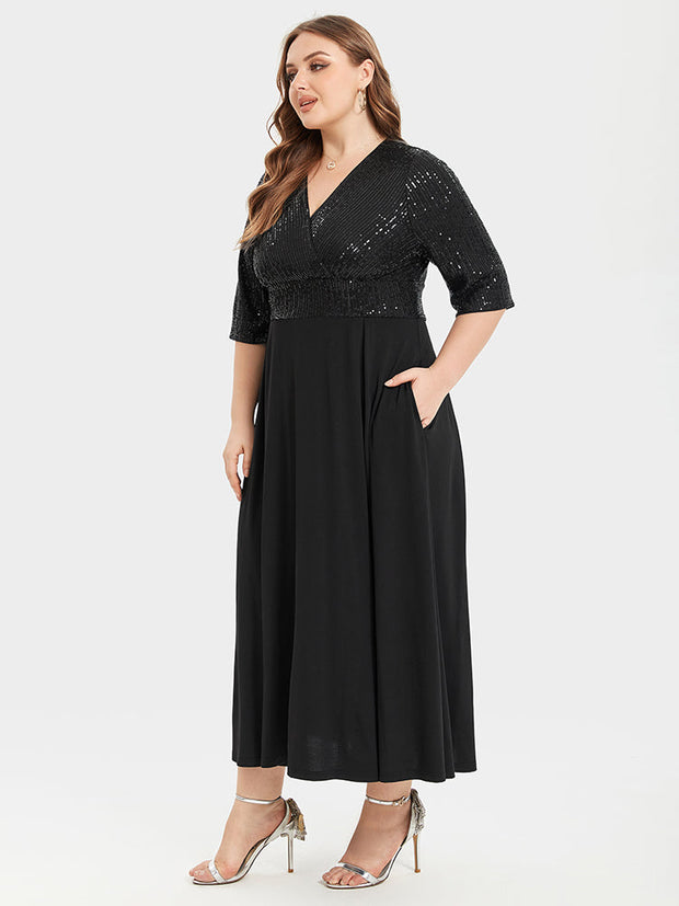 V-Neck Pocket Sequin Party Maxi Dress