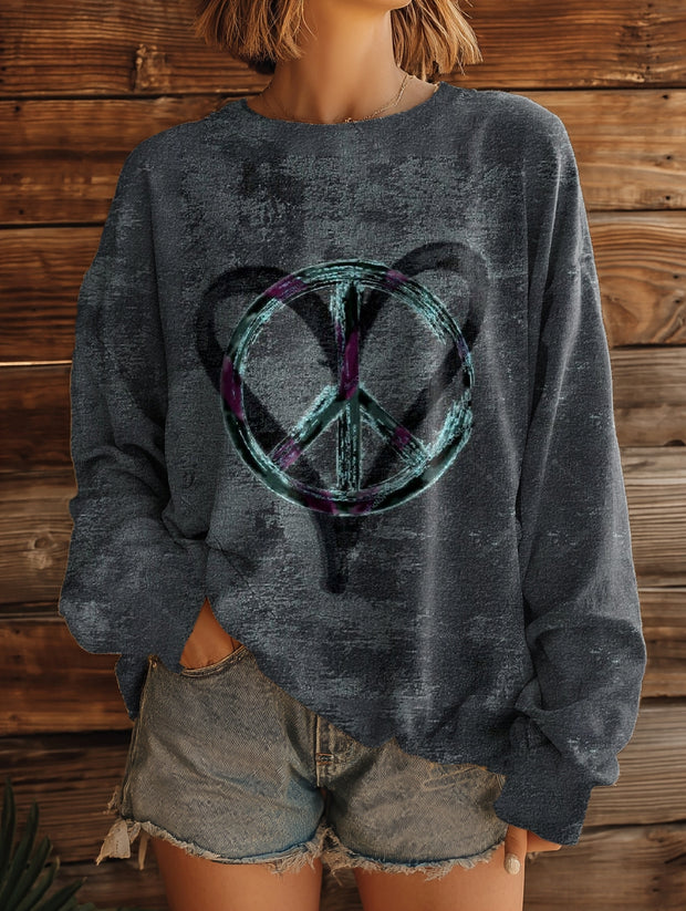 Women's Graffiti Heart Hippie Peace Art Print Casual Crew Neck Sweatshirt