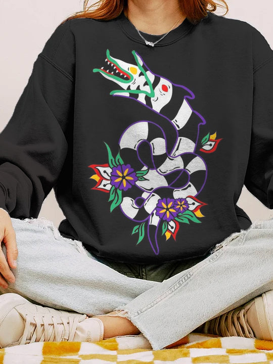 1988 Horror Movie Sandworm & Floral Print Casual Sweatshirt