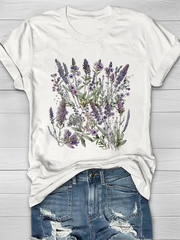 Beautiful Purple Flower Printed Crew Neck Women's T-shirt