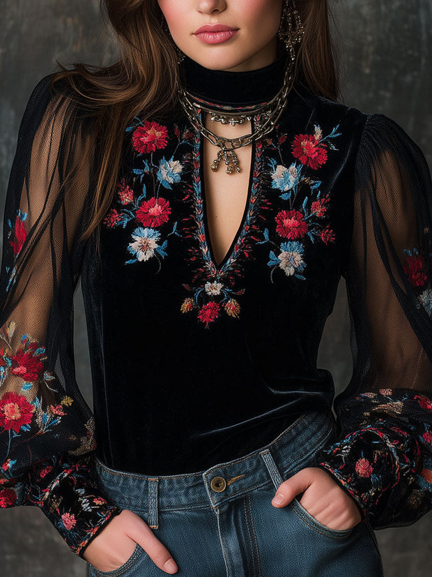 Retro Velvet Embroidered Mesh Stitching Blouse