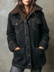 Vintage Sherpa-Lined Denim Long Jacket With Pockets