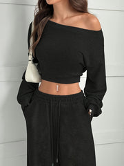 Fashion Slim-fit Off-the-shoulder Navel Solid Color Casual Pants Suit