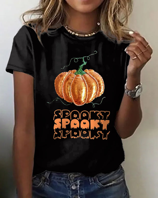 Halloween Spooky Pumpkin Print Cotton Crew Neck Short Sleeve Shirt