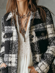 Classic Tweed Plaid Patch Pocket Straight Jacket