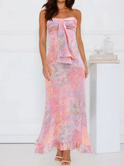 Strapless floral ruched maxi dress