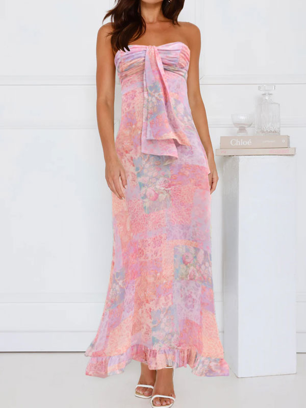 Strapless floral ruched maxi dress