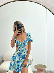 Blue puff sleeve printing dress