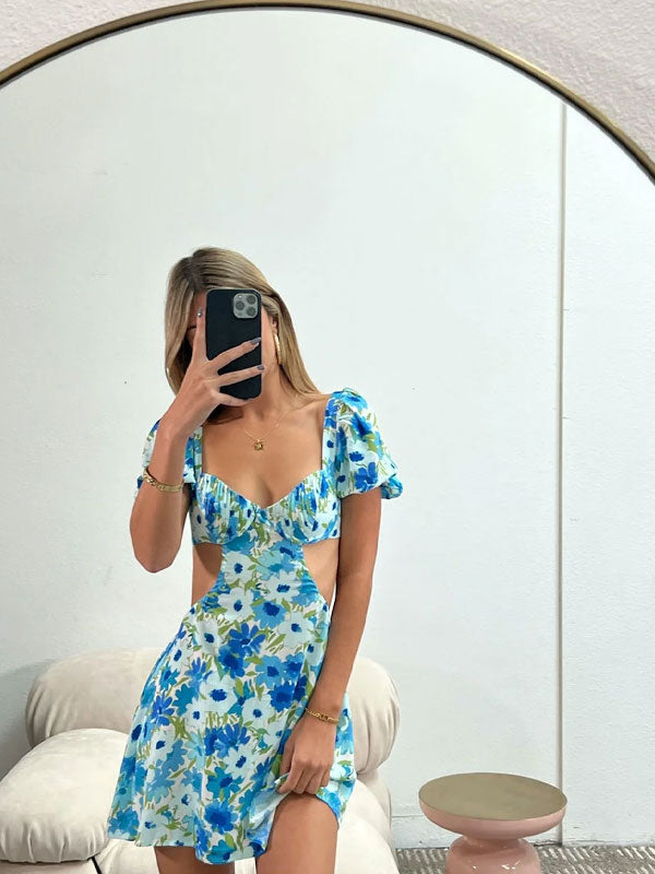 Blue puff sleeve printing dress