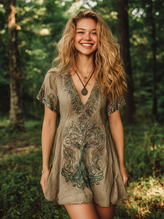 Vintage Sequined Tree Of Life Embroidery Women's Linen V-neck Mini Dress