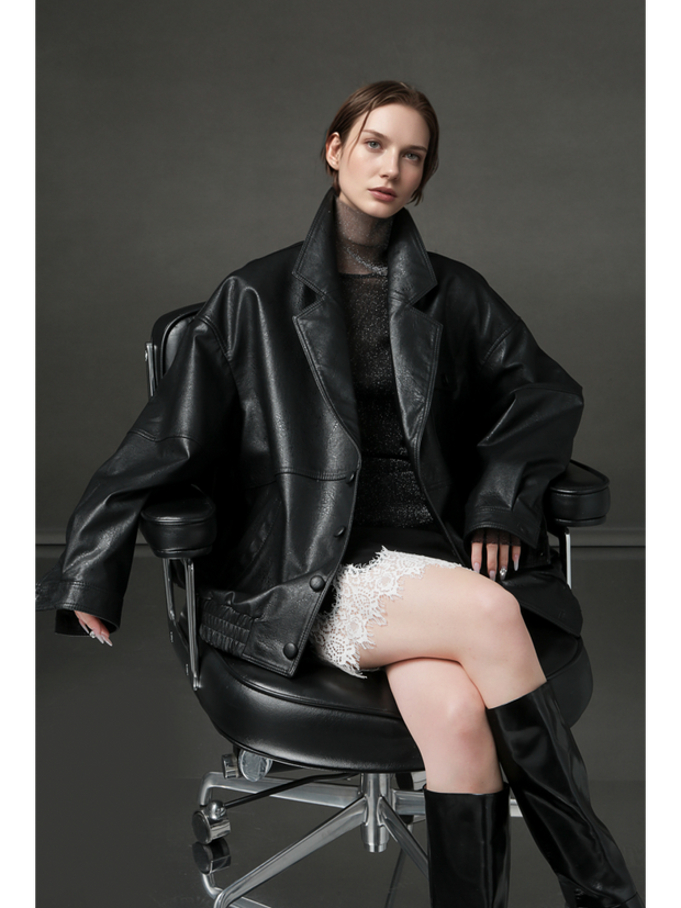 Women’s Vintage Waxed Sheepskin Leather Jacket – Distressed Blazer Collar Trendy Moto Outerwear