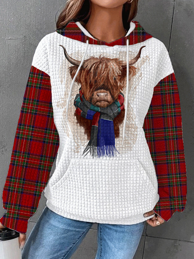 Highland Cow Plaid Hoodie Waffle Sweatshirt