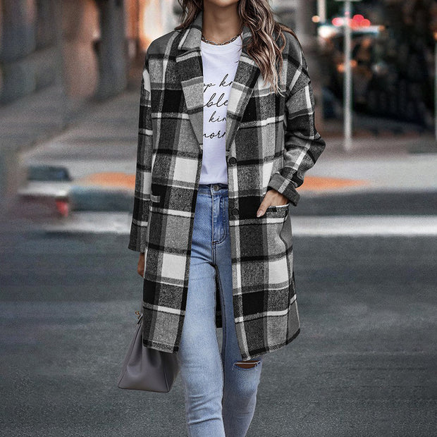 Wearshes Checked Long Sleeve Casual Coat