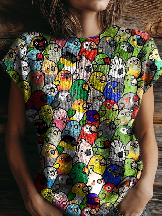 Women's Colorful Parrot Pattern Artistic Print Round Neck Casual Short-sleeved Knitted Sweater