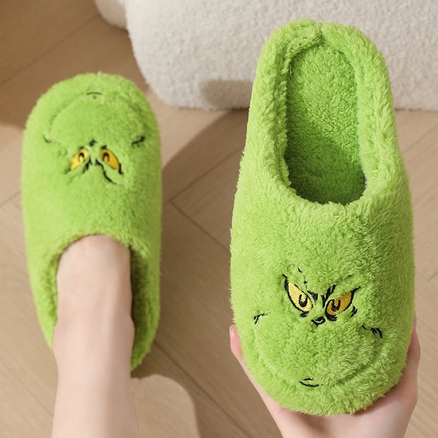 Men's And Women's Fashionable Home Green Fur Monster Warm Thick-Soled Soft-Soled Plush Slippers