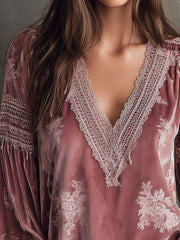 Romantic V-Neck Rose Velvet Blouse With Lace Trim