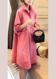 Vintage Pink Pockets Button Fall Half Sleeve Shirt dress