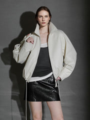 Women’s Short Moto Leather Jacket with Small Notch Collar and Cinched Hem – Spring/Fall Leather Biker Jacket