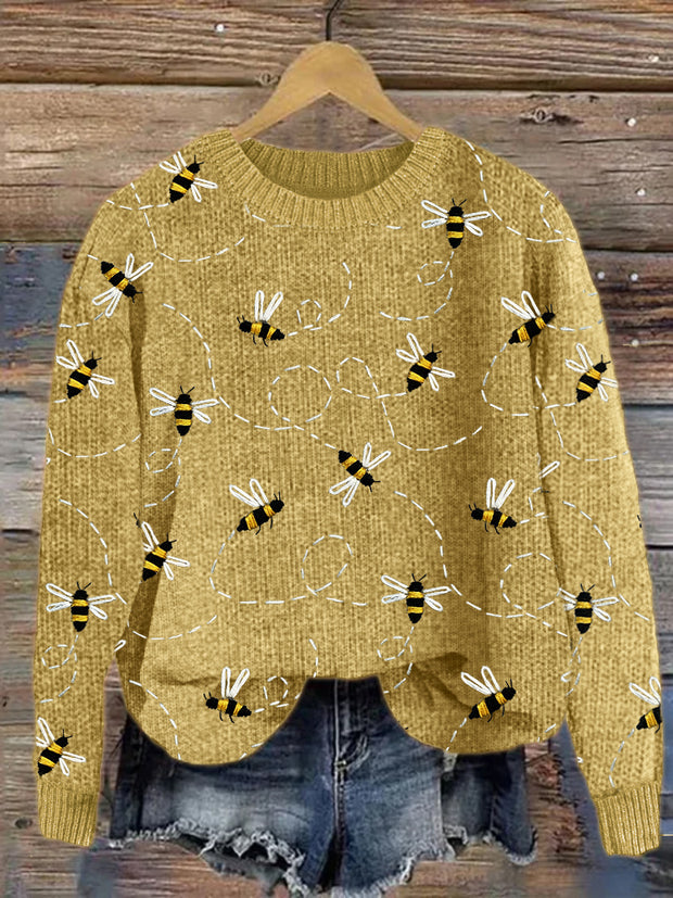 Flying Bees Embroidery Pattern Cozy Knit Sweater