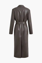 Faux Leather Notched Lapel Belted Trench Coat