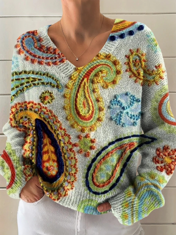 Women's Retro Paisley Floral Art Print Casual V-neck Pullover Knit