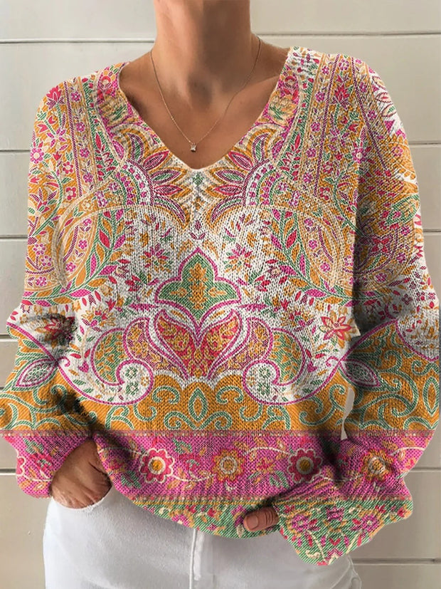 Women's Retro Ethnic Totem Floral Art Print Casual V-neck Pullover Knit