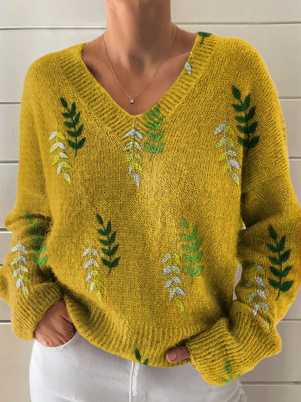 Women's Bohemian Floral Art Print Casual V-neck Pullover Knit