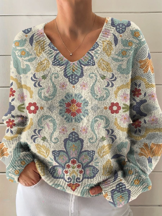 Women's Floral Pattern Art Print Casual V-neck Knit Sweater