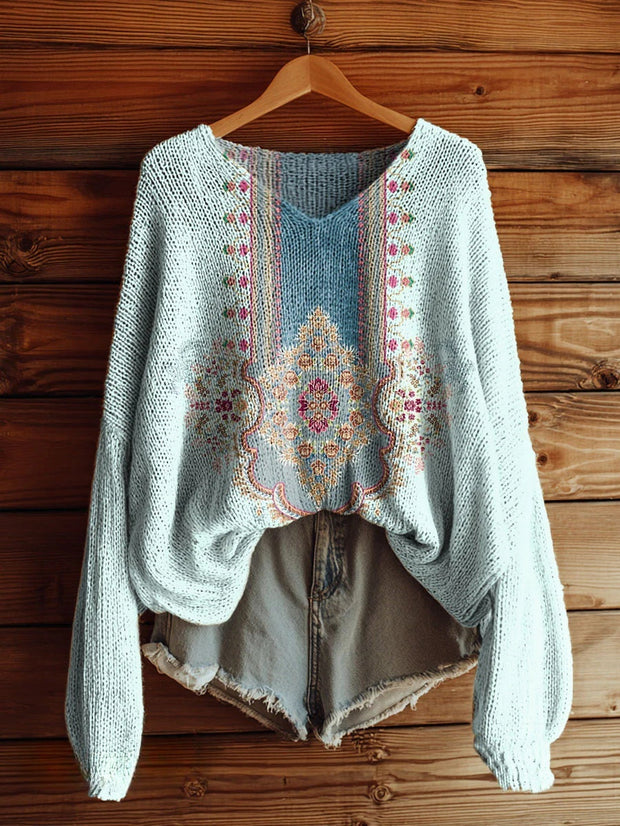 Women's Retro Ethnic Pattern Artistic Print Casual V-Neck Long Sleeve Knitted Sweater