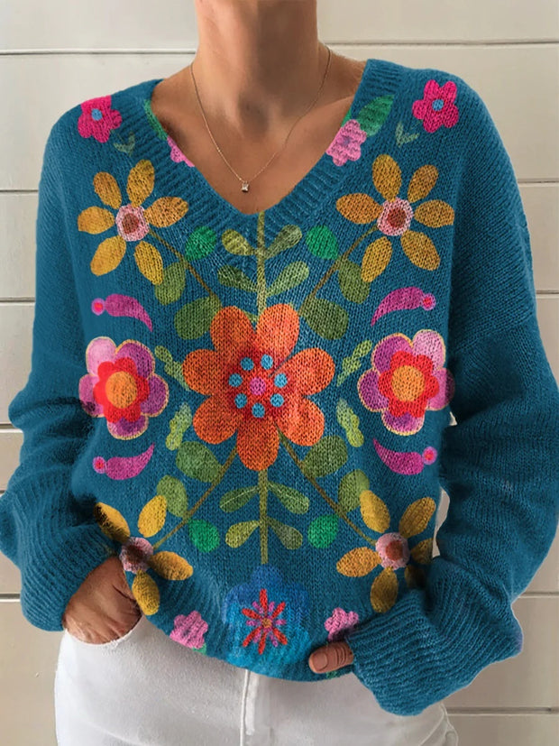 Women's Bohemian Floral Art Print Casual V-Neck Knitted Sweater