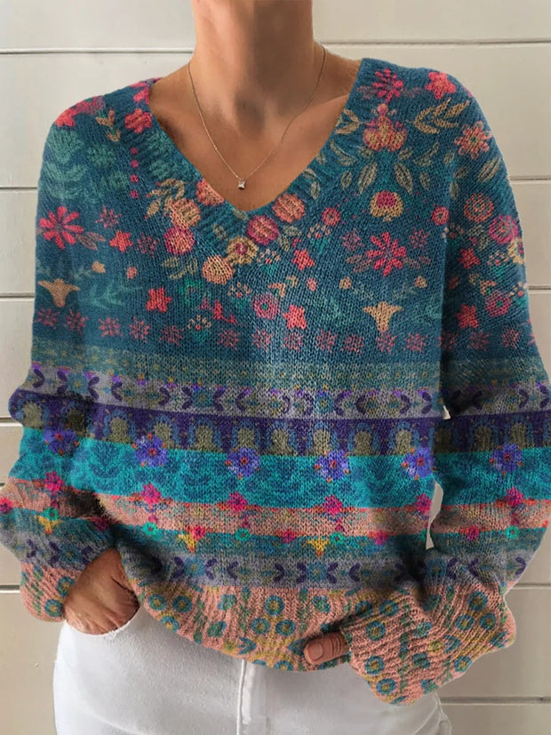 Women's Boho Floral Collage Art Pattern Print Casual V-Neck Knitted Sweater