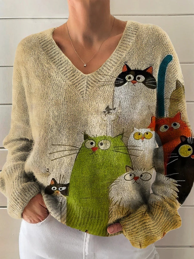 Women's Cute Cat Art Print Casual V-neck Pullover Knit