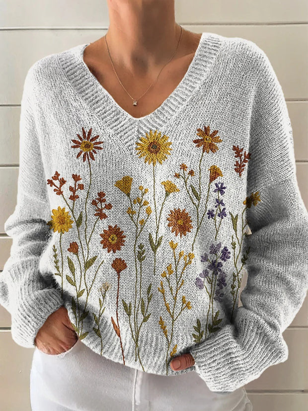 Women's Bohemian Floral Art Print Casual V-neck Pullover Knit