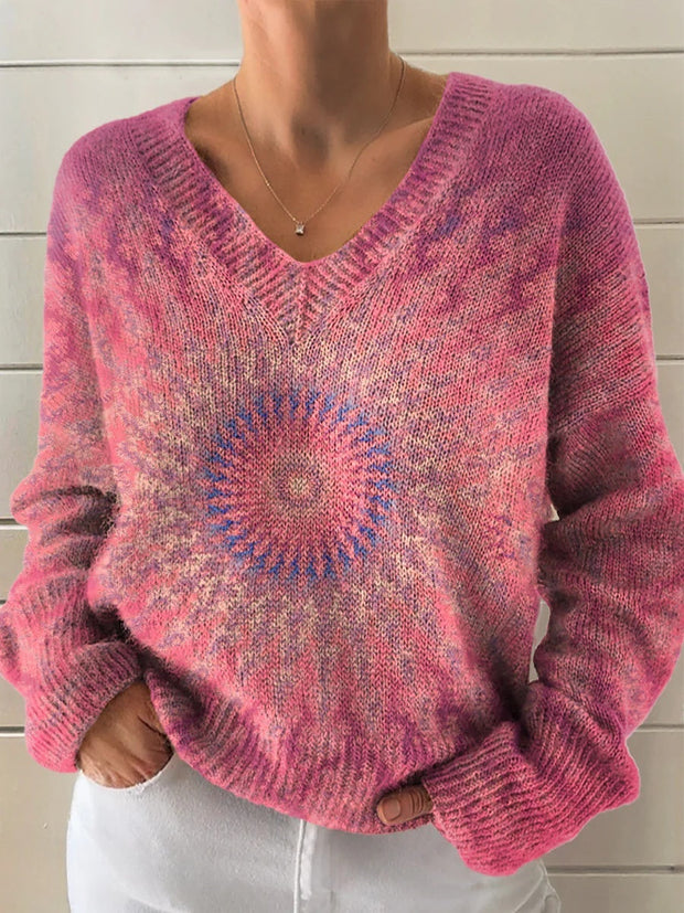 Women's Kaleidoscope Tie Dye Art Print Casual V-neck Pullover Knit